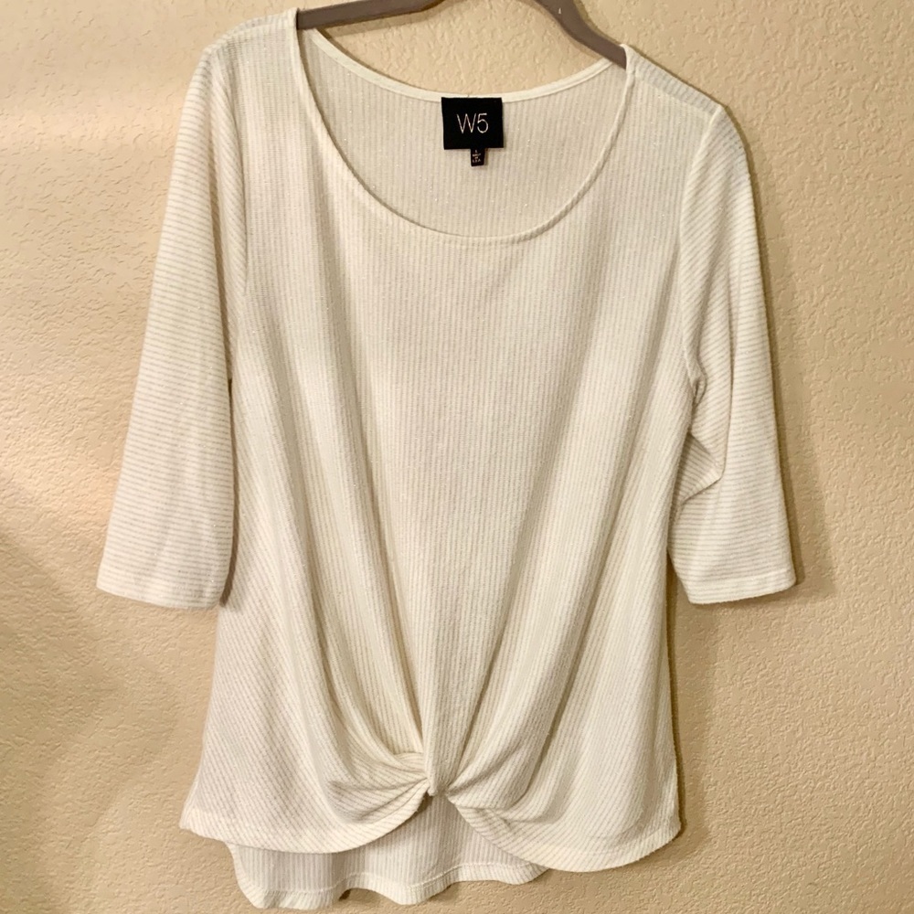 W5 Top Large Relaxed Fit White Cream Metallic Gold Pinstripes Knotted Front - Picture 9 of 16